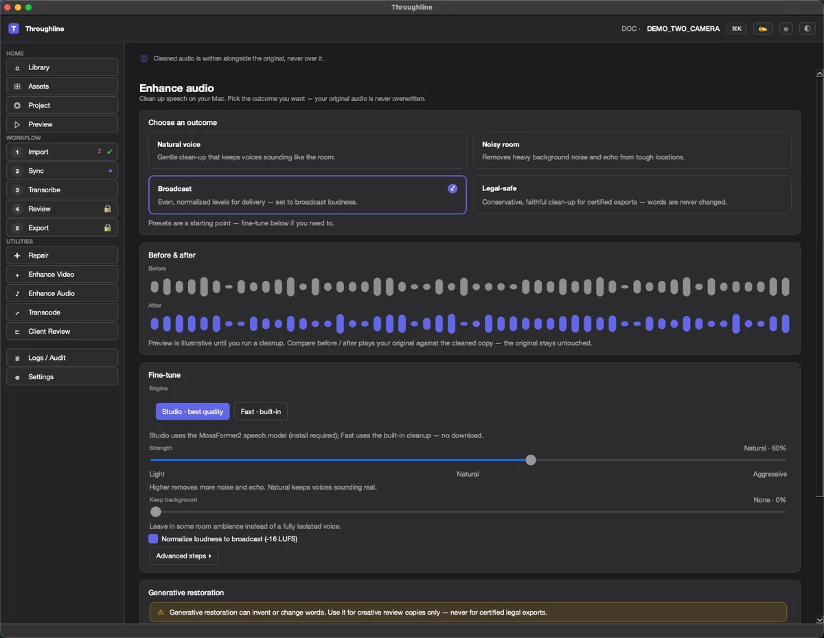 The Enhance Audio screen with outcome presets, a before and after waveform, and fine-tune controls