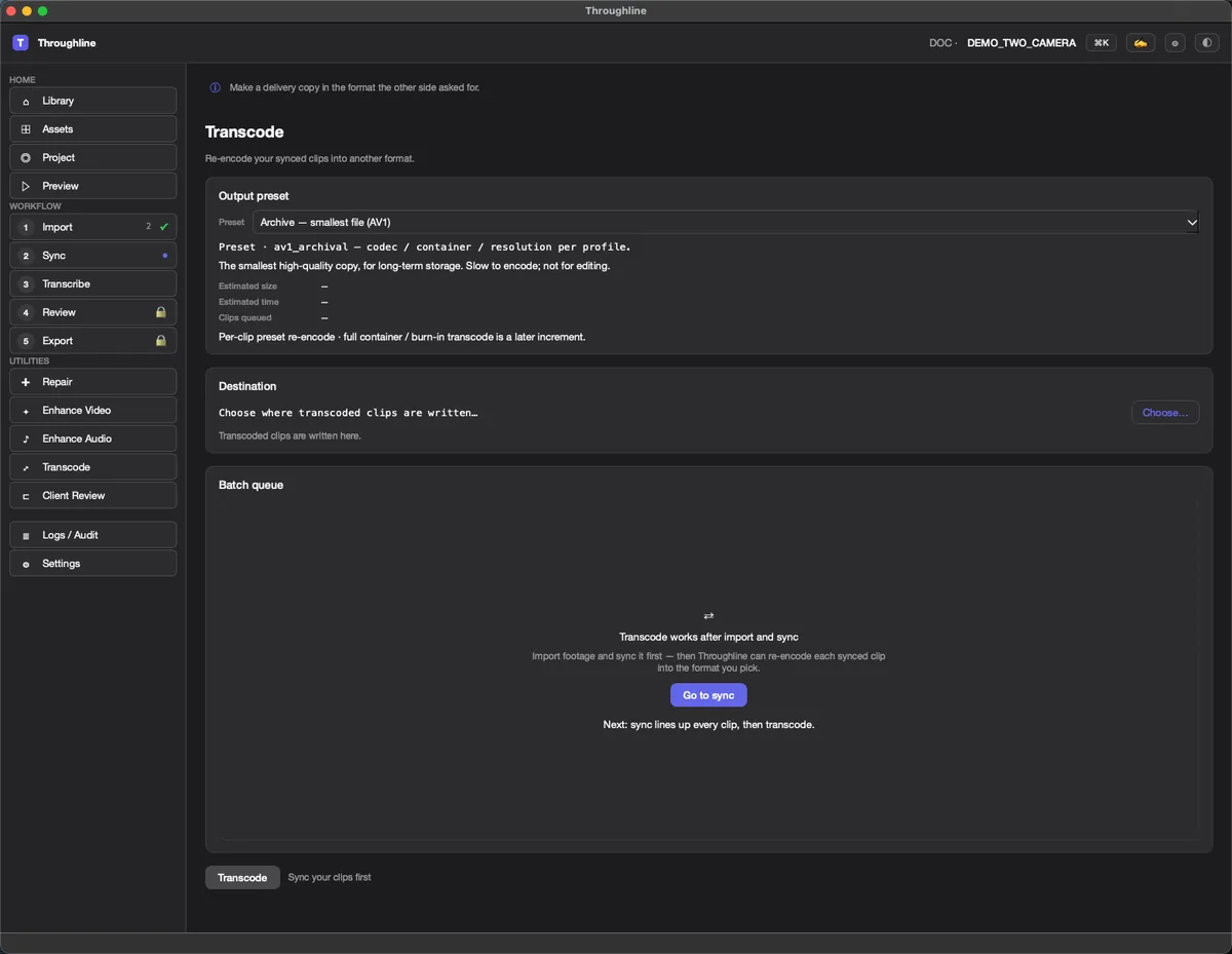 The Transcode screen with an output preset selected, showing the codec, container and resolution the preset will produce